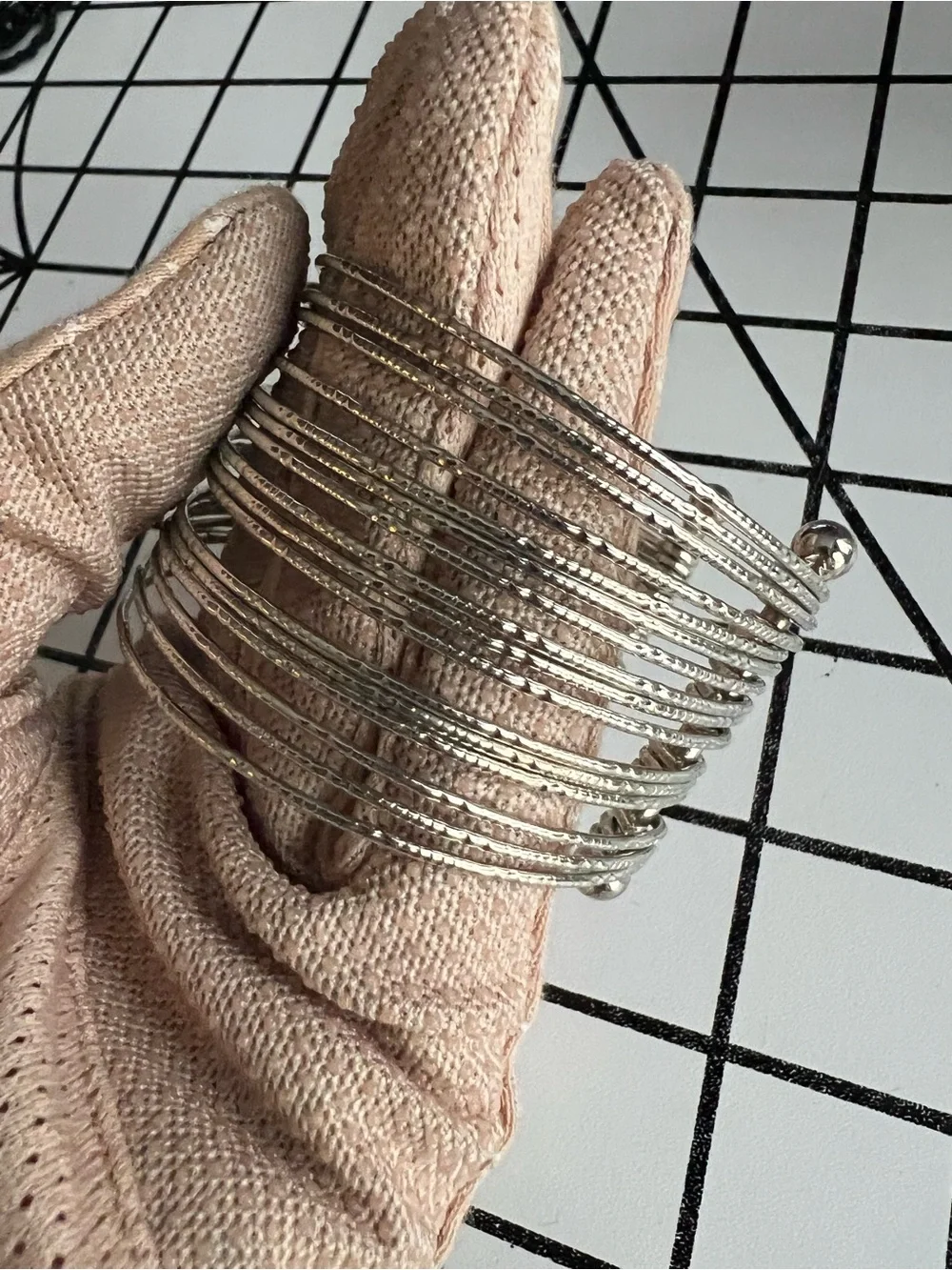 Vintage Silvertone Textured Multi-Strand Slinky Coiled Cuff Bracelet